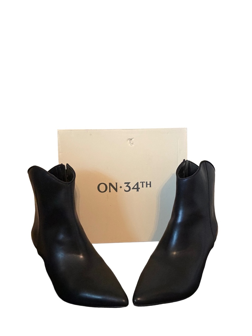 ON·34TH Black Faux Leather Pointed Toe Heeled Ankle Boots